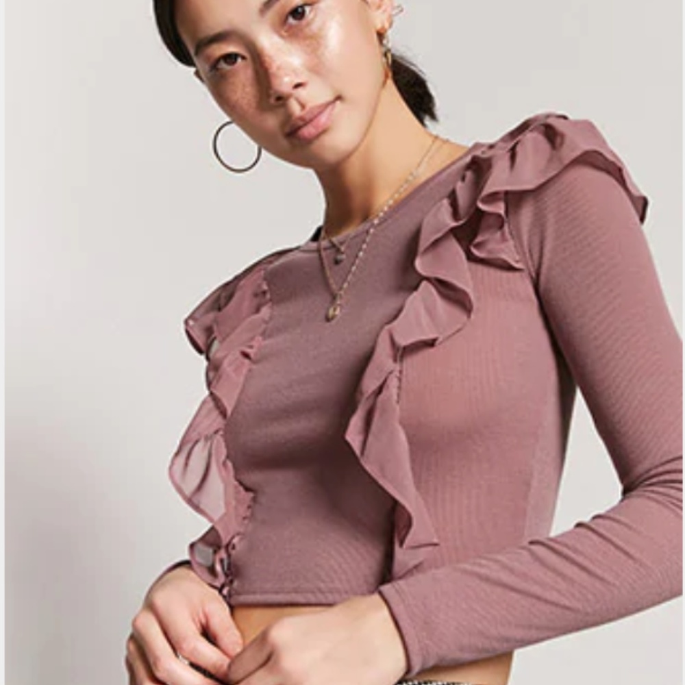 Mauve Ruffle-Trim Ribbed Top